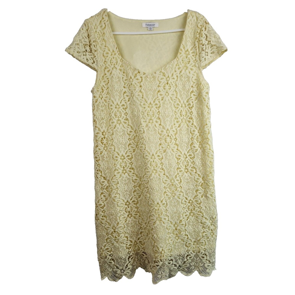 Francescas Lace Mini Dress Womens Large Yellow Floral Cap Sleeve Fairy Ethereal‎